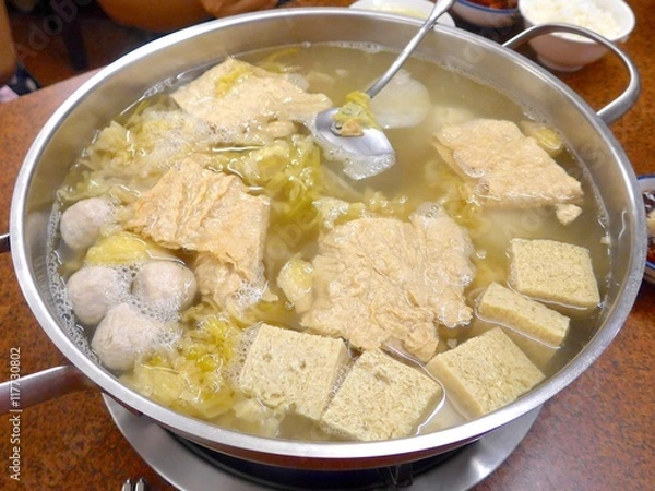 Obraz Streaky pork with pickled cabbage and meat balls hot pot