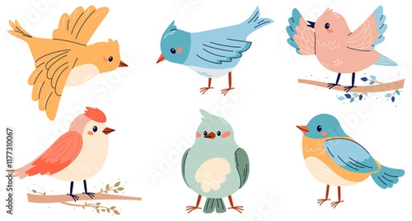 Fototapeta Set of spring birds illustrations in cute  childish style. Different birds. Beautiful and cute multi-coloured birds. Vector cartoon illustration in childish style. Isolated on white.