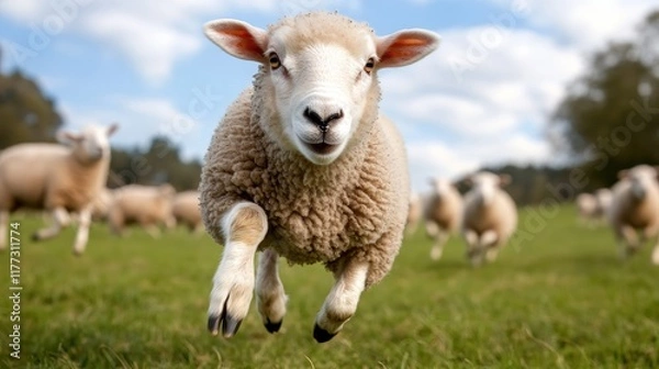 Fototapeta A flock of sheep steadily walks through a lush green meadow in South Africa, enjoying the warm day and grassy landscape