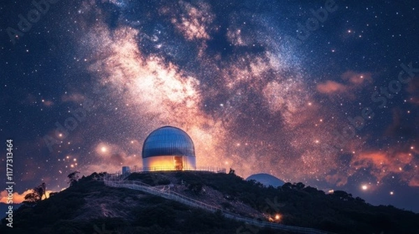 Fototapeta A majestic structure glowing under a sky filled with stars, evoking wonder and beauty.