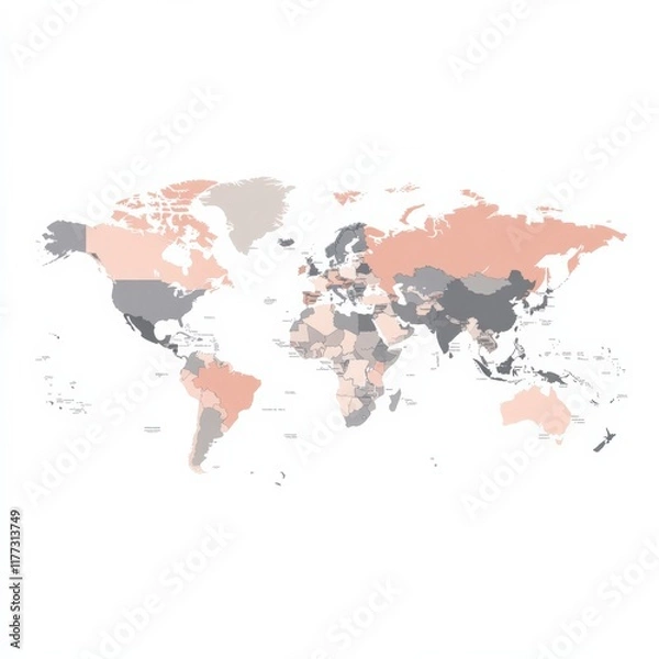 Fototapeta World map with countries in gray and coral tones