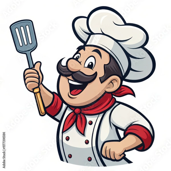 Fototapeta Cheerful chef with spatula, wearing white uniform and hat, ready to cook delicious meals