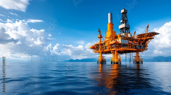 Obraz Offshore oil rig platform in ocean, wind turbines in background; energy industry, renewable energy transition.