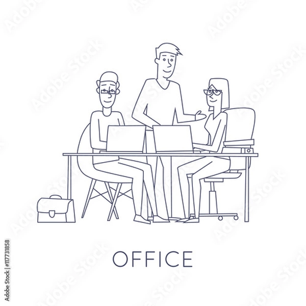 Fototapeta Business characters thin line. Co working people, meeting, teamwork, collaboration and discussion, conference table, brainstorm. Workplace. Office life. Flat design vector illustration.