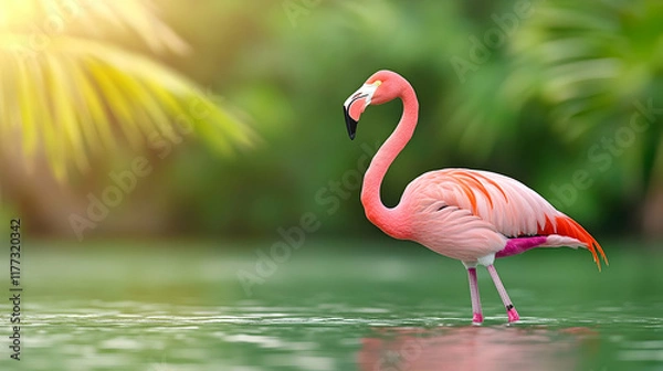 Fototapeta Pink flamingo wading in tropical lagoon, sunlight filtering through palm leaves, perfect for travel brochures or wildlife documentaries.