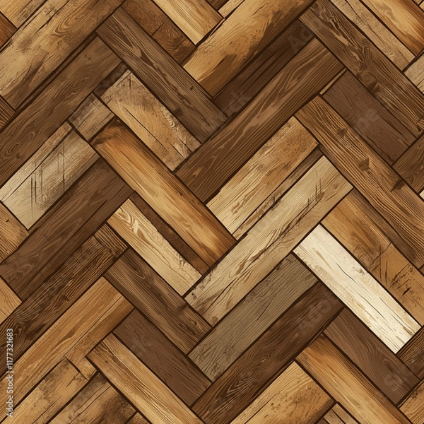 Fototapeta Textured herringbone wood flooring in warm brown tones, showcasing a rustic and natural aesthetic ideal for interior designs.