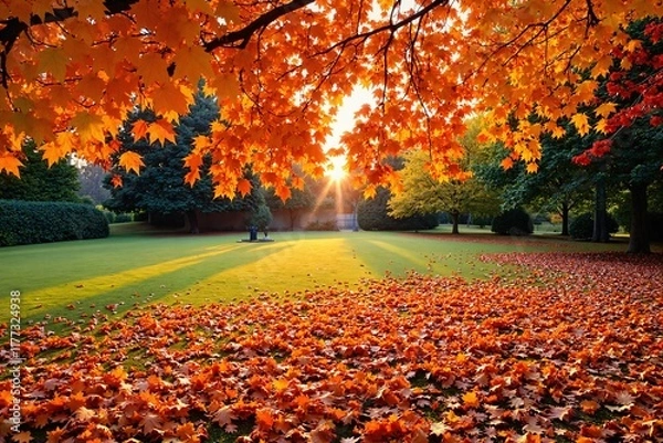 Fototapeta  The image showcases a serene landscape featuring trees with vibrant orange leaves casting long shadows across the lush green grass that covers most of the scene In the foreground a carpet of fallen l
