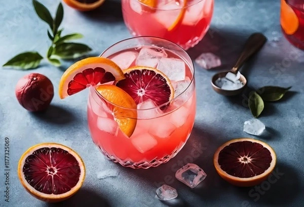 Obraz A pink cocktail with a slice of red blood orange and ice, served in a martini glass