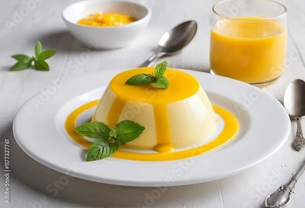 Fototapeta A close-up of a mango panna cotta dessert with a slice of mango on top