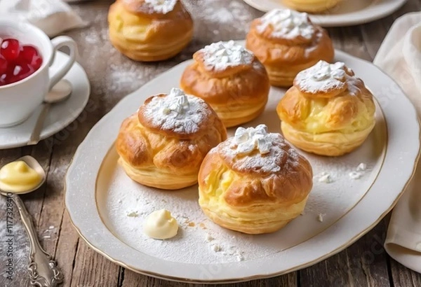 Obraz A close-up of cream puffs dusted with powdered sugar and filled with custard or cottage cheese