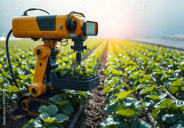 Fototapeta Robotic Agricultural Device Monitoring Crops in a Lush Green Field