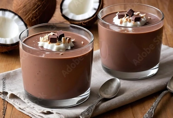 Obraz A bowl of chocolate coconut milk pudding with shredded coconut on top
