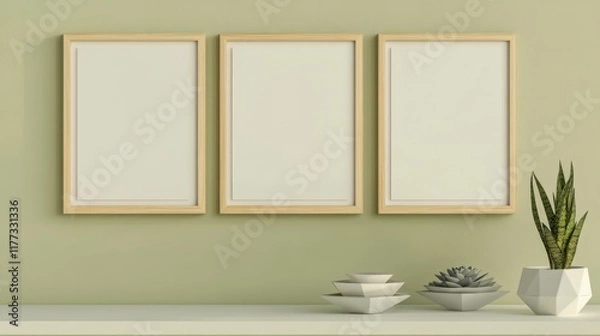 Fototapeta empty wooden frames hanging on a beige colored wall. The frames are modern and stylish. The frames cast a small shadow
