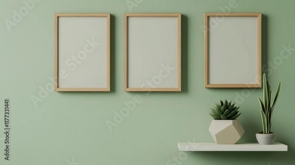 Fototapeta empty wooden frames hanging on a beige colored wall. The frames are modern and stylish. The frames cast a small shadow

