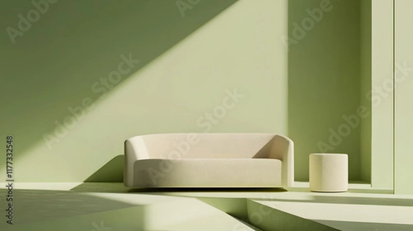 Fototapeta pastel mint green room featuring sleek beige sofa and minimalist side table creates serene and modern atmosphere. soft colors and clean lines evoke sense of calm and elegance
