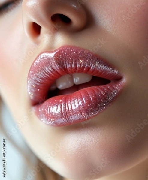 Fototapeta Close-Up of Glossy Lips With Sparkling Glitter Effect