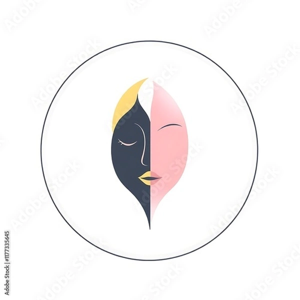 Fototapeta Abstract Feminine Identity: A minimalist illustration of a stylized face, half black and half pink, within a circular frame. The closed eyes suggest tranquility and introspection.