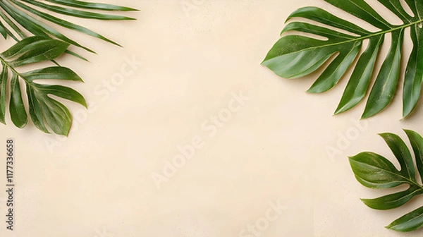 Fototapeta Tropical leaves frame on beige background; summer design, website banner, invitation card.