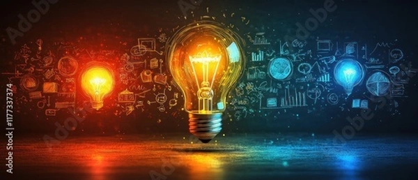 Fototapeta A vibrant light bulb surrounded by colorful icons representing ideas and innovation.