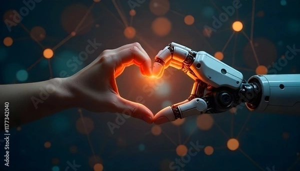 Obraz Artificial intelligence robot and human interaction, creating a heart shape with hands