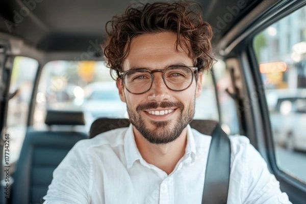 Fototapeta A professional Uber driver wearing a friendly smile, waiting in a clean and modern vehicle