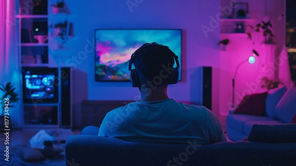 Fototapeta At home in a colorful living room, a person enjoys gaming with headphones on during the evening hours