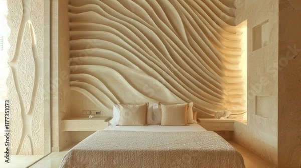 Fototapeta Elegant Indian-Style Modern Interior of Studio Apartment with Wavy Carved Partition and Luxurious Embroidered Bedding, Cinematic Capture