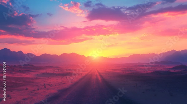 Fototapeta Colorful skies above vast desert with open road leading to horizon, creating serene and tranquil atmosphere at sunset