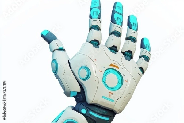 Obraz 3D Render of Cartoon-Style Robot Hand on White Background. Simple Design with Cute Blue Details.