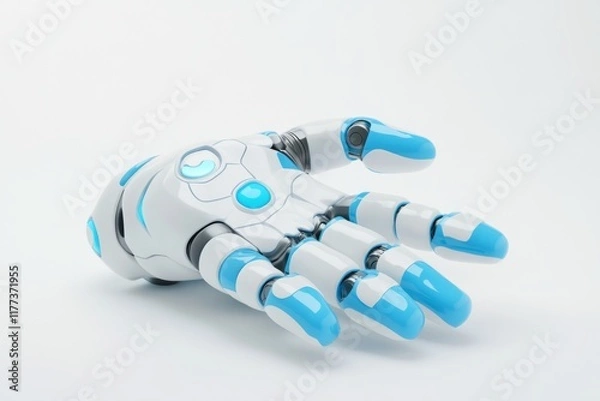 Obraz 3D Render of Cartoon-Style Robot Hand on White Background. Simple Design with Cute Blue Details.