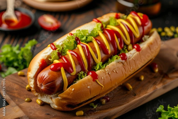 Obraz A flavorful classic hotdog with mustard and ketchup at the end of every title