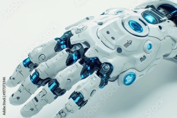 Obraz 3D Render of Cartoon-Style Robot Hand on White Background. Simple Design with Cute Blue Details.
