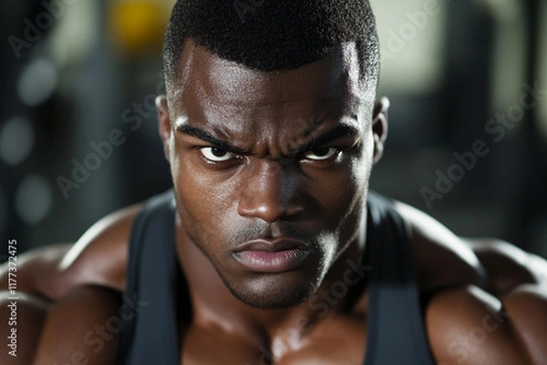 Fototapeta Intense focus of a bodybuilder in a gym setting