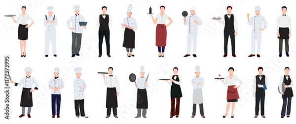 Fototapeta Chef and restaurant staff collection set. Set of restaurant, cafe and hotel staff waiter, waitress and chef. 