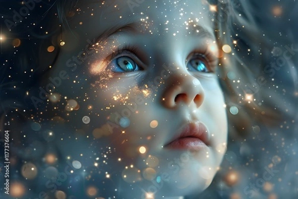 Obraz Child gazing at cosmic stars with wonder and curiosity during a dreamy moment, 婴儿