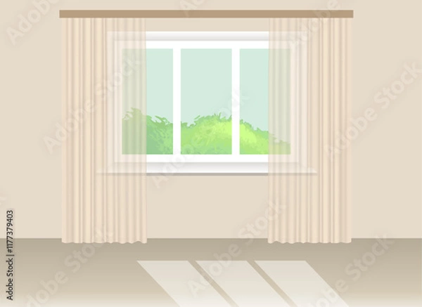 Fototapeta Cozy living room interior with window and curtains. Minimalist style in light beige colors on the wall. Sunlight falls on the floor. There is greenery outside the window. Vector illustration EPS 10