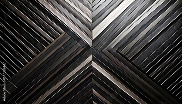 Fototapeta Dark, wooden planks are arranged in a geometric, criss-cross pattern.