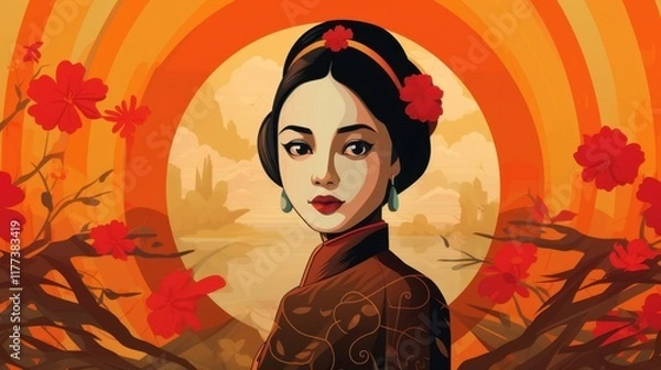 Fototapeta Elegant Asian Woman Portrait in Vintage Style with Orange and Red Hues,  Surrounded by Blossom Branches and Distant Landscape
