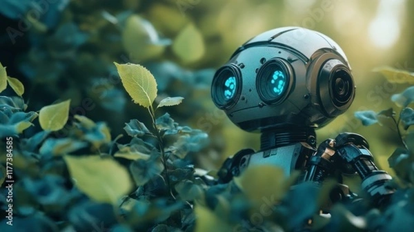 Fototapeta A small robot with blue eyes peeks through lush green foliage, blending technology with nature.