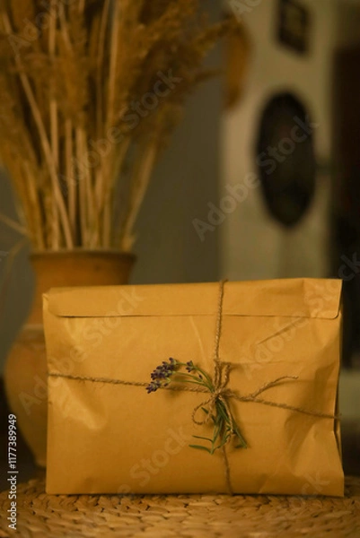 Obraz Zero waste presnt box  concept. Eco-friendly style gift wrapping. Reto interior background with copy space.