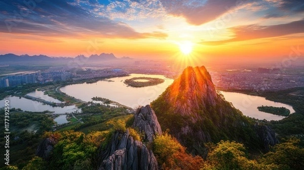 Fototapeta A stunning sunset over a mountainous landscape with lakes and urban areas in the distance.
