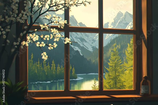 Fototapeta Serene mountain lake view seen through a rustic window, framed by blossoming branches.  Peaceful, idyllic scene.