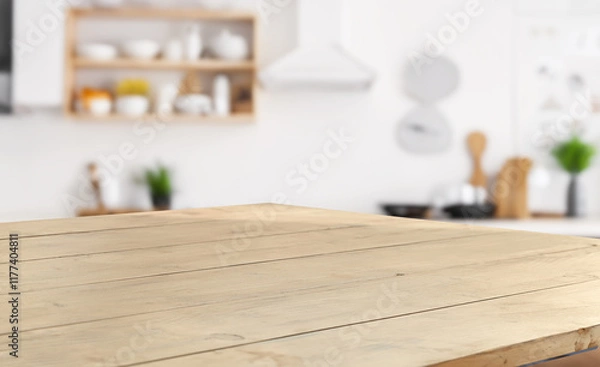 Obraz Empty wooden table in a bright, modern kitchen. Perfect for showcasing your products or recipes.