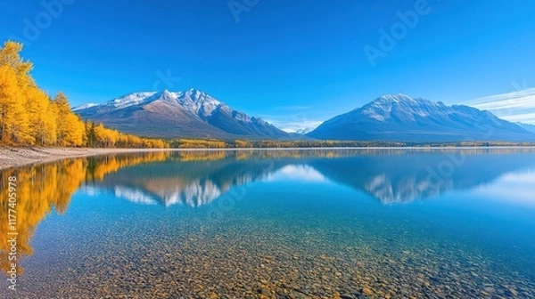 Fototapeta Tranquil Lake Reflection with Majestic Mountains and Vibrant Autumn Foliage Under Clear Blue Sky in a Serene Natural Landscape