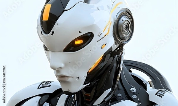 Fototapeta Close-up of a futuristic humanoid robot's head.