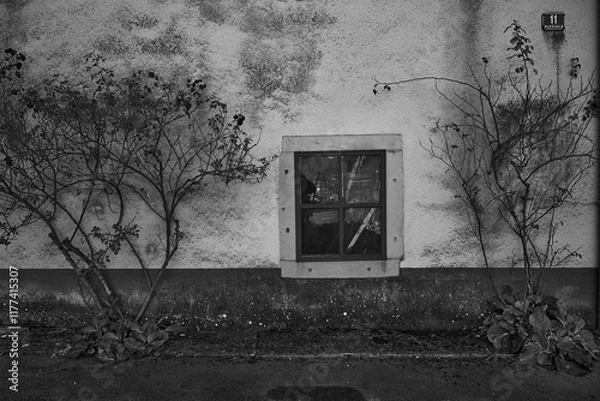 Fototapeta A strange old poor square window on an old peeling wall. B/W