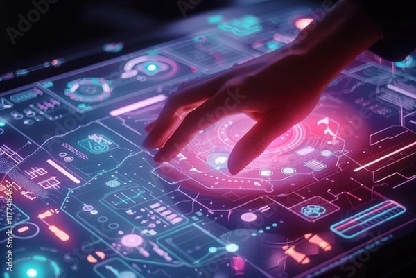 Fototapeta Hand Interacting with Futuristic Holographic Interface