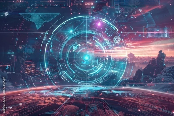 Fototapeta Futuristic digital interface with a glowing circle over a colorful planet