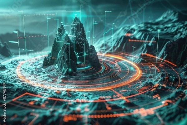 Fototapeta Futuristic Digital Landscape with Glowing Geometric Shapes