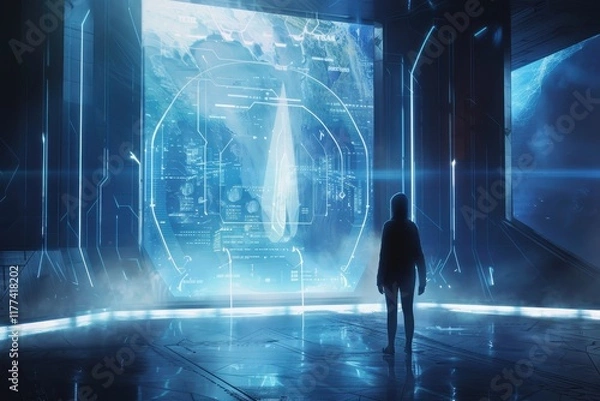 Fototapeta A Lone Figure Gazing at a Futuristic Display in a Dark Room